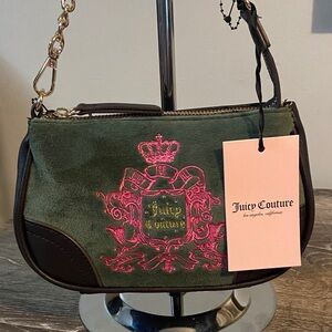 Juicy Couture NWT Velour Mini Wristlet Shoulder Bag Olive Green Brown Gold Chain